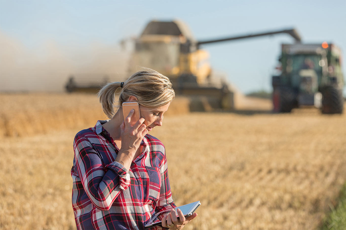 Farmer in wheatfield using a smartphone and tablet.