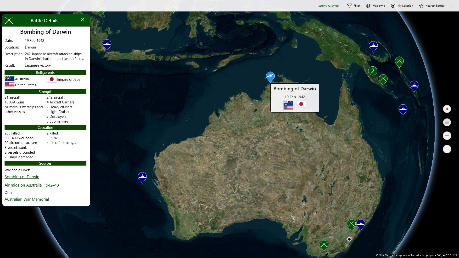 Battlefields screenshot showing satellite view with bombing of Darwin
